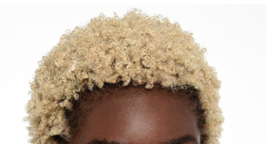 A full head of ultra light ash blond super curly 4C hair.